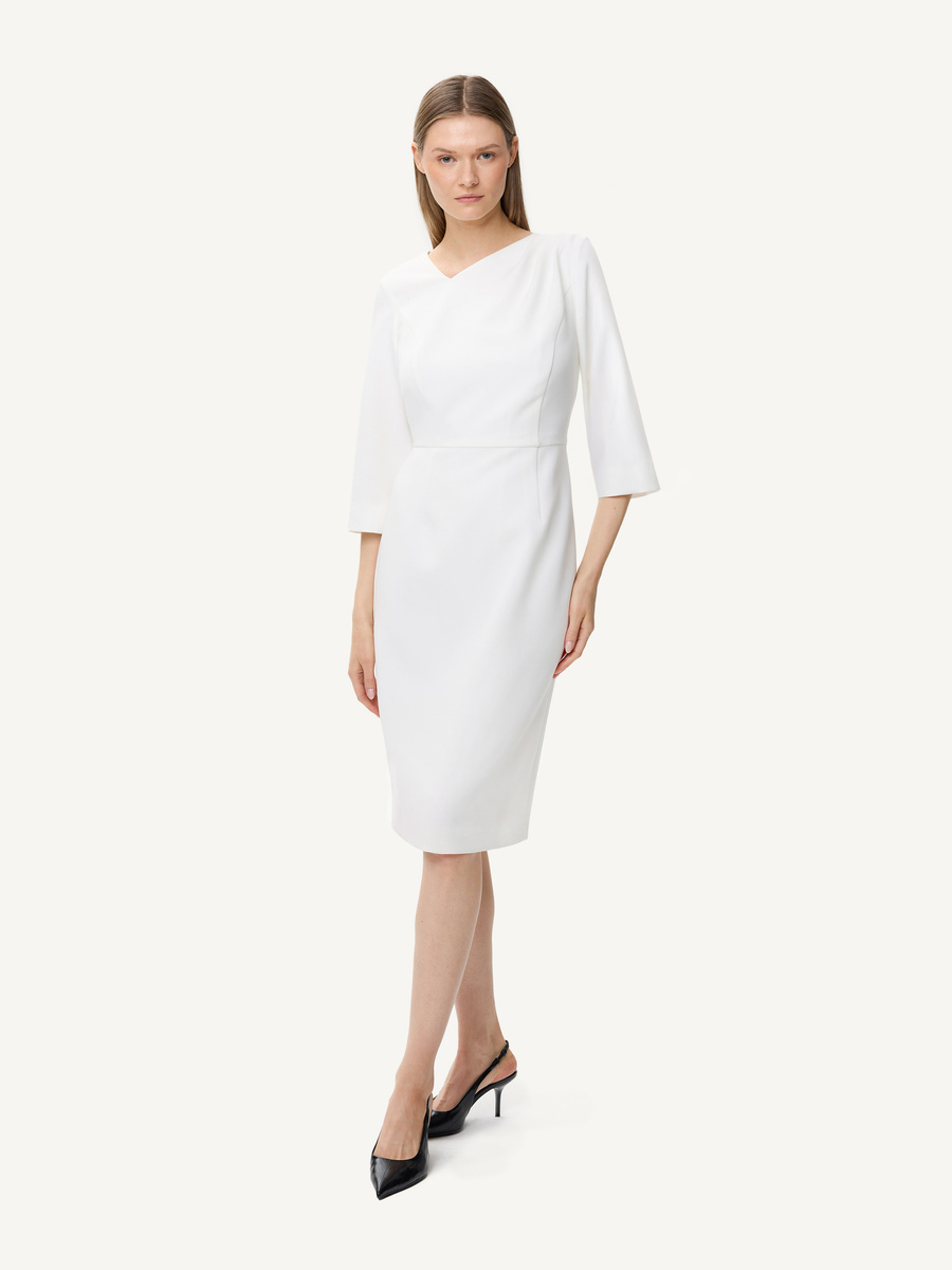 Dress with asymmetric neckline and 3/4 sleeves – white