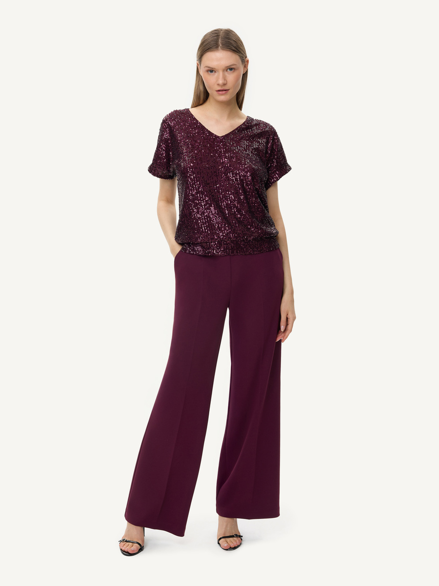 Burgundy wide-leg trousers with elasticated waistband