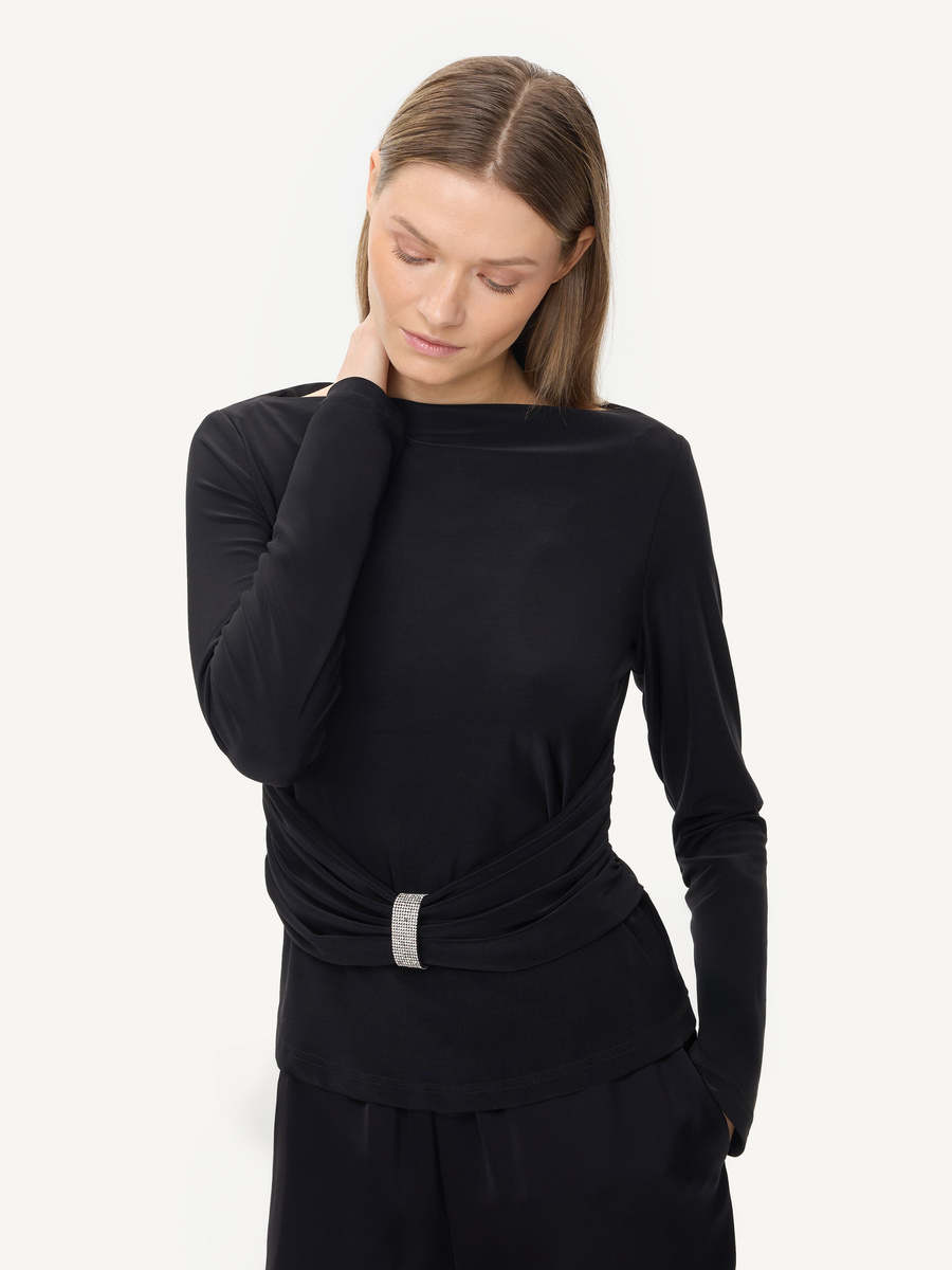 Twist-waist top with rhinestone buckle – black