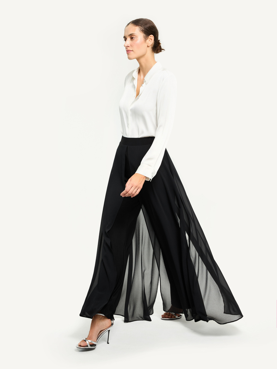 Wide-leg evening pants with chiffon overlay