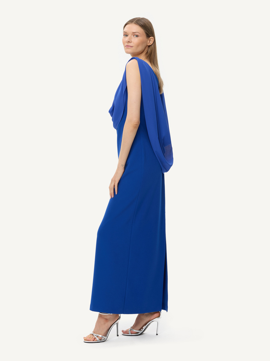 Cobalt blue evening dress with chiffon draping