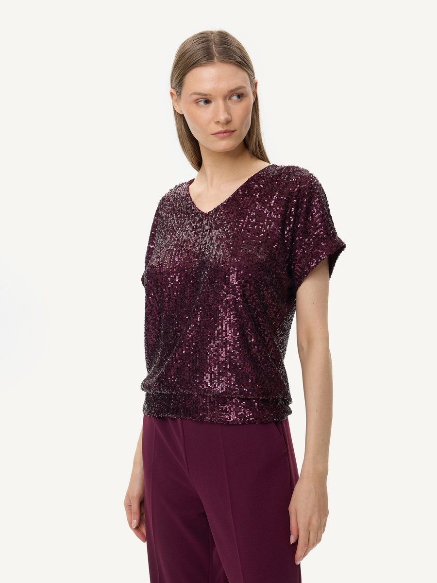 Sequin V‑neck blouse - bordeaux