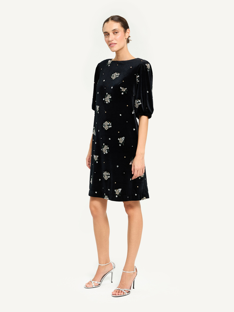 Velvet embroidered A-line cocktail dress with V-back – black