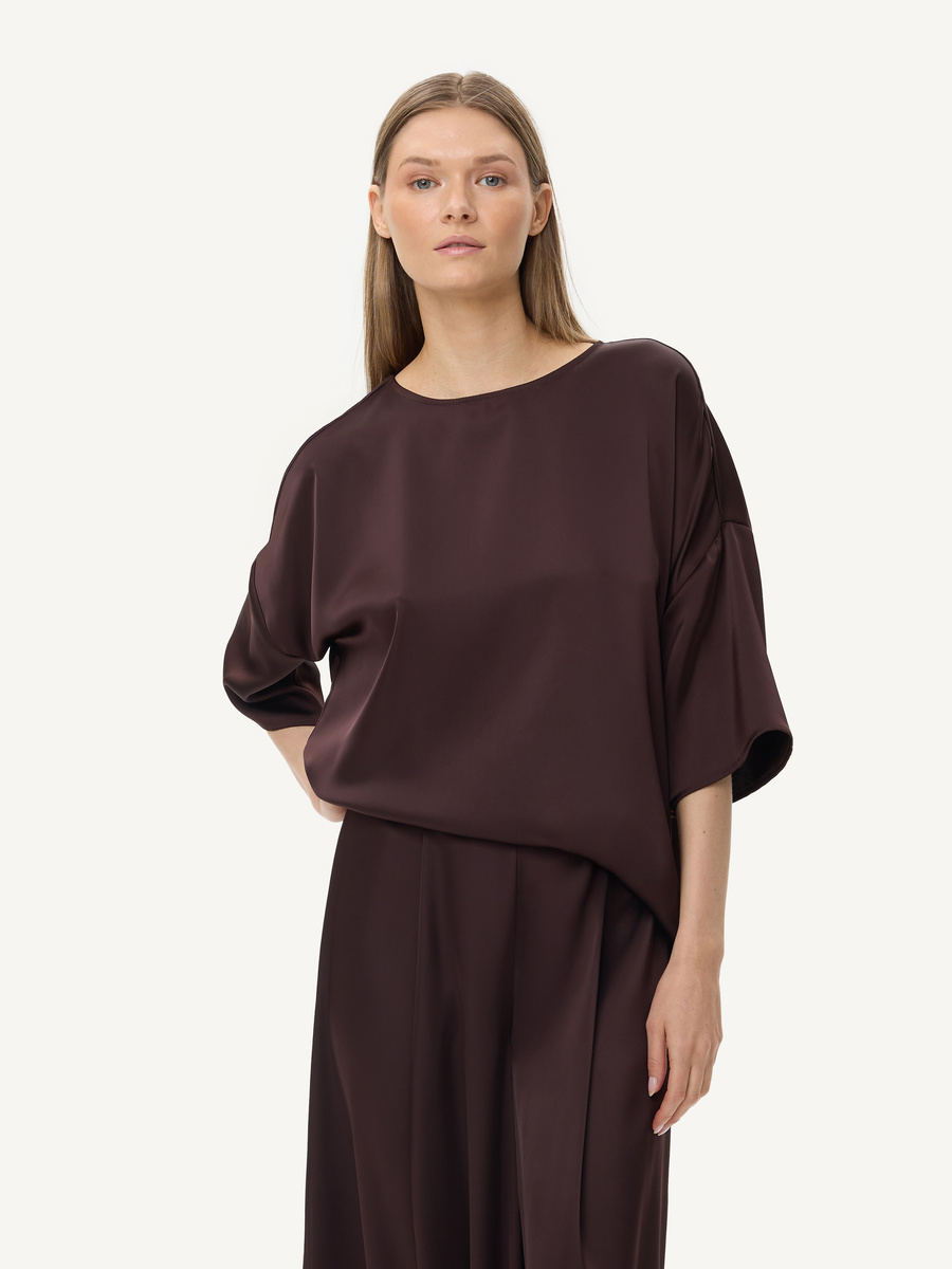 Satin kimono sleeve blouse with back tie – chocolate