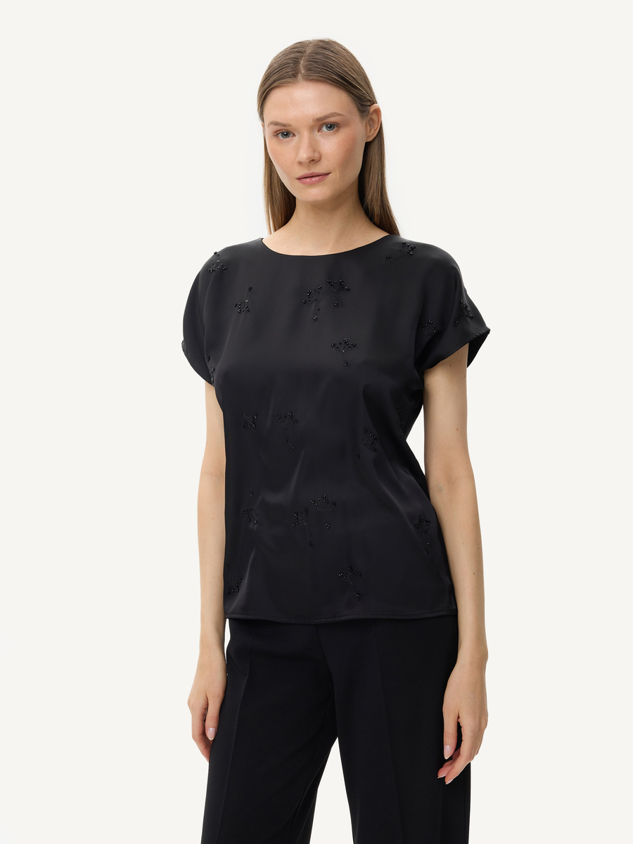 Black satin blouse with beaded embroidery