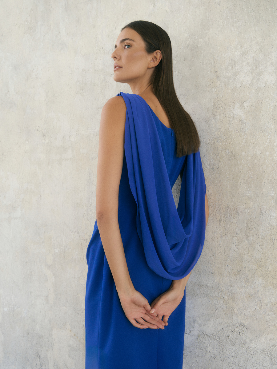 Cobalt blue evening dress with chiffon draping