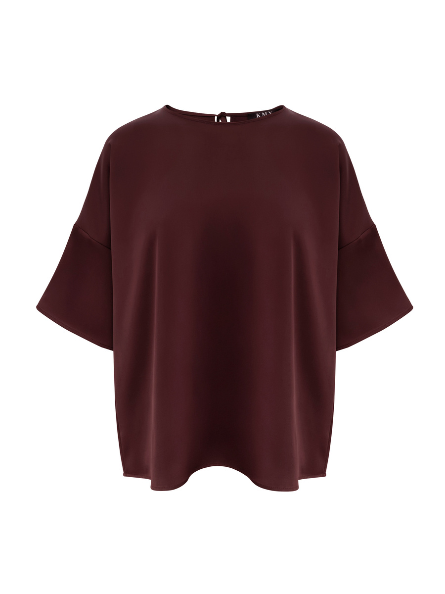 Satin kimono sleeve blouse with back tie – burgundy