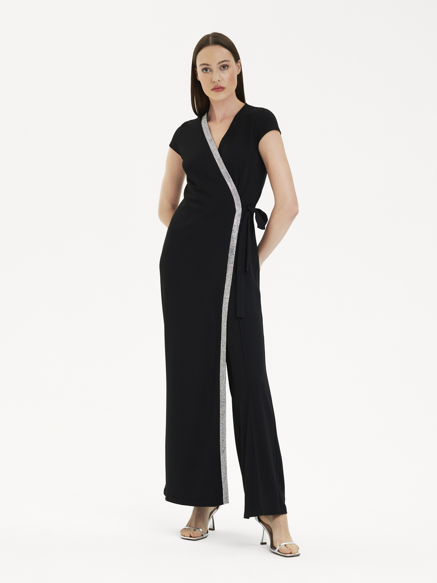 Wrap and tie jumpsuit with rhinestones details