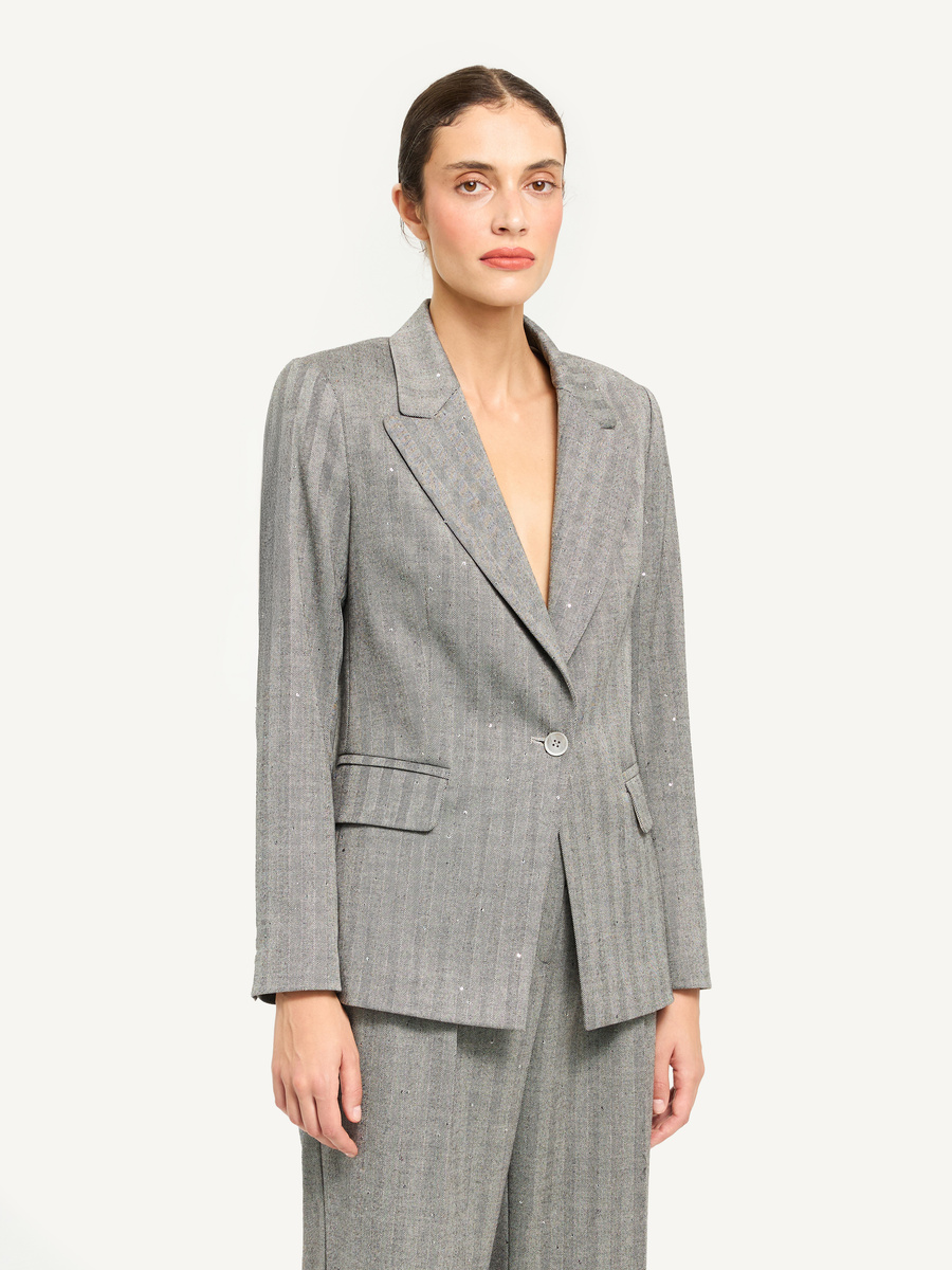 Szara marynarka w jodełkę z połyskującą nitką