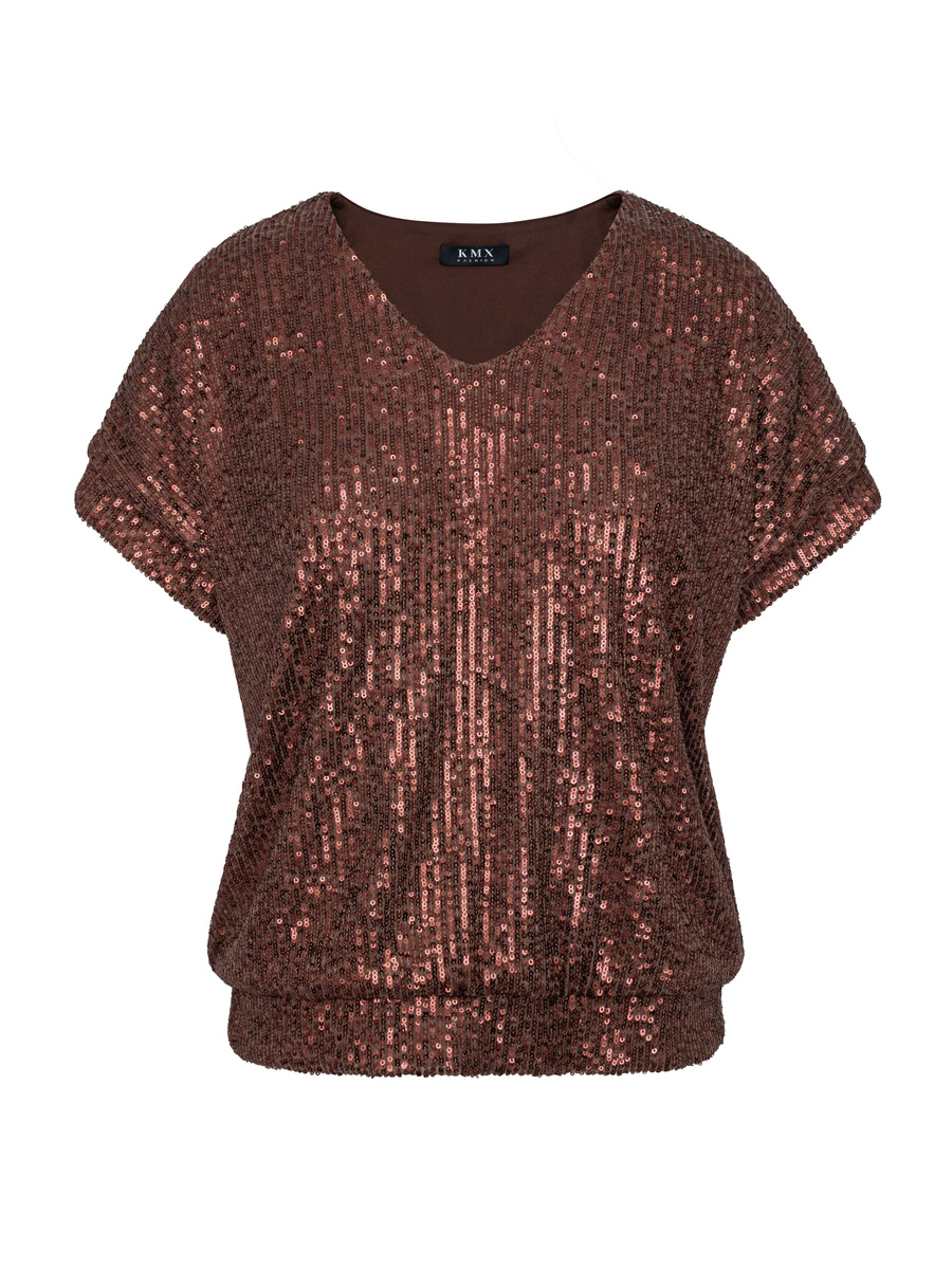 Sequin V‑neck blouse - chocolate