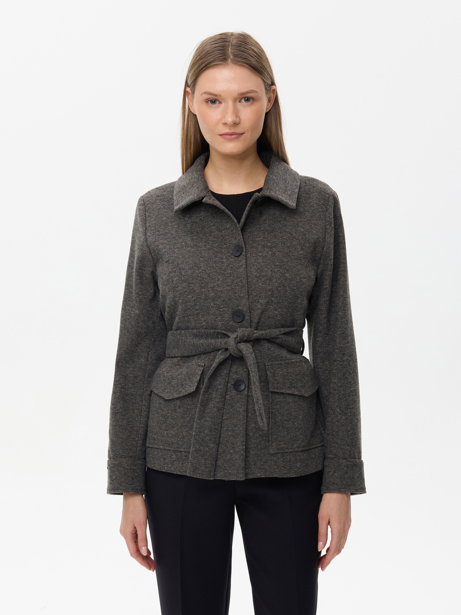 Fitted knit blazer with belt - brown melange