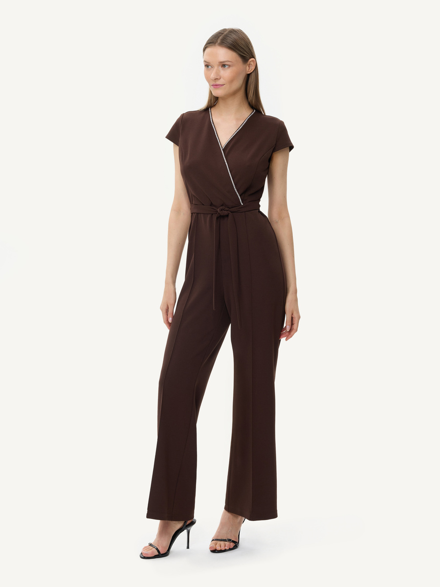 Tailored jumpsuit with crystal trim – brown