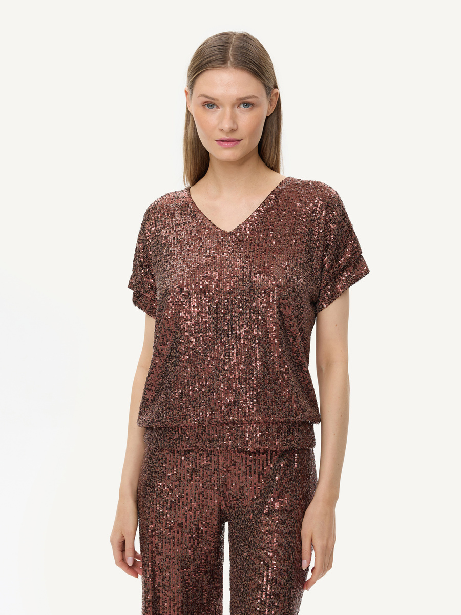 Sequin V‑neck blouse - chocolate