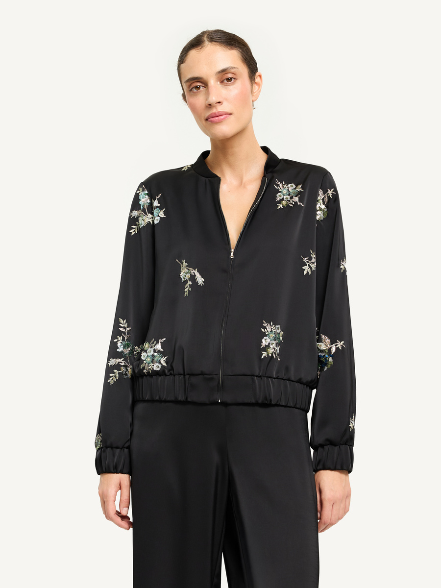 Satin bomber jacket with embroidery - black