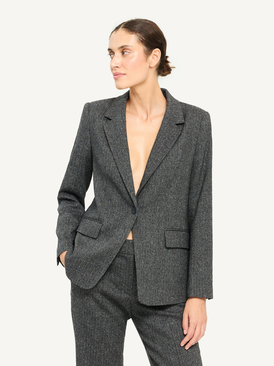 Czarna marynarka w jodełkę z wełną i jedwabiem