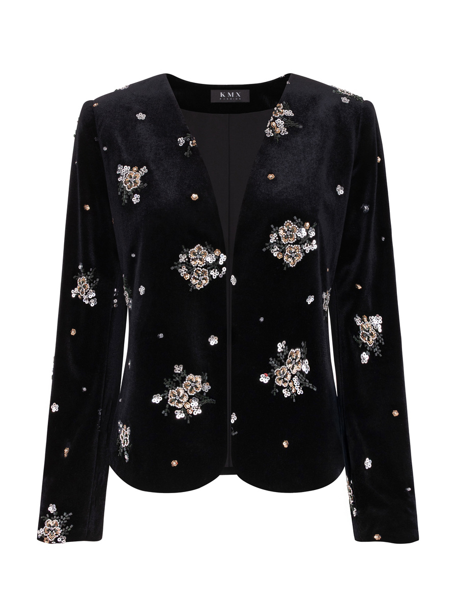 Velvet embroidered open jacket – black