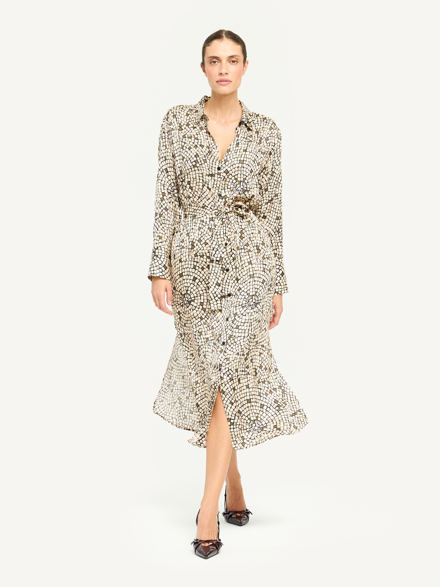 Beige viscose midi shirt dress with mosaic print