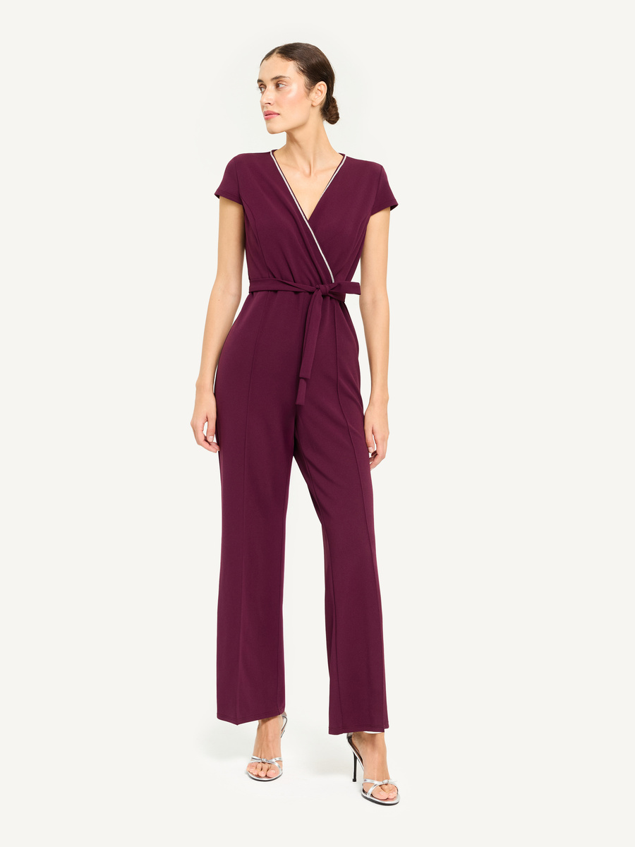 Tailored jumpsuit with crystal trim – burgundy