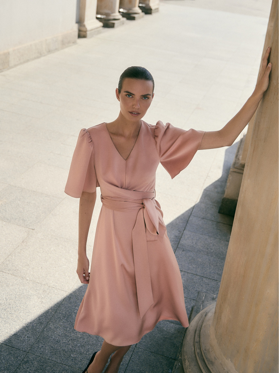 Powder nude cocktail dress with waist tie