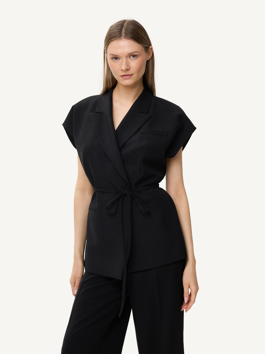 Black belted vest with lapel collar