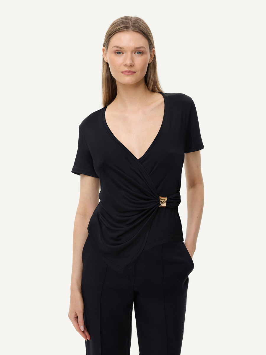 KMX Studio Elegant draped blouse with buckle – black