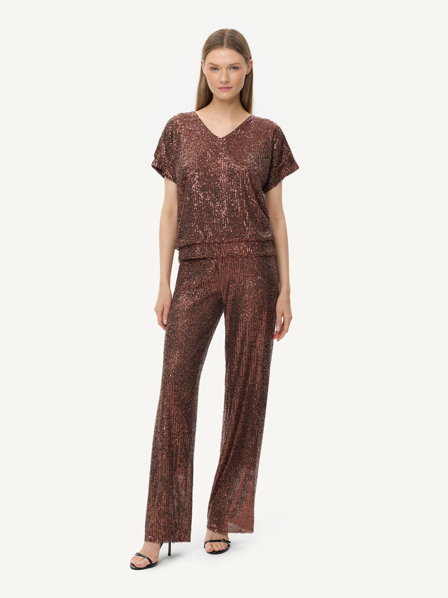 Sequin-embellished wide-leg trousers - chocolate