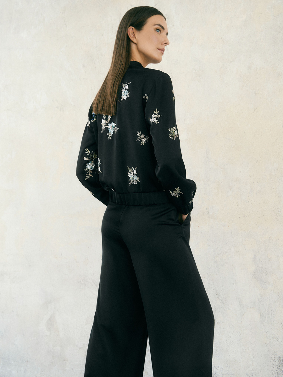 Satin bomber jacket with embroidery - black