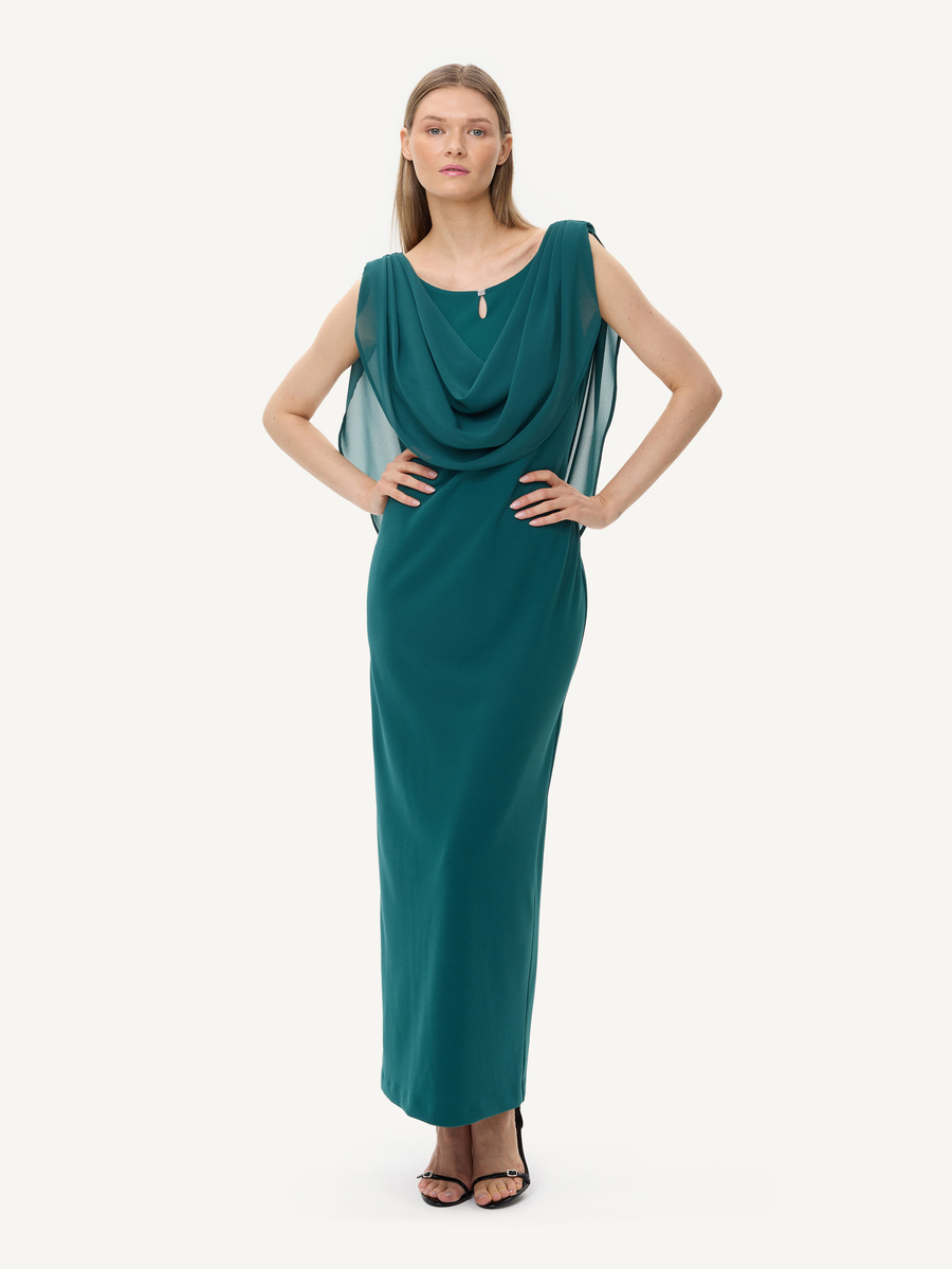 Green evening dress with chiffon draping