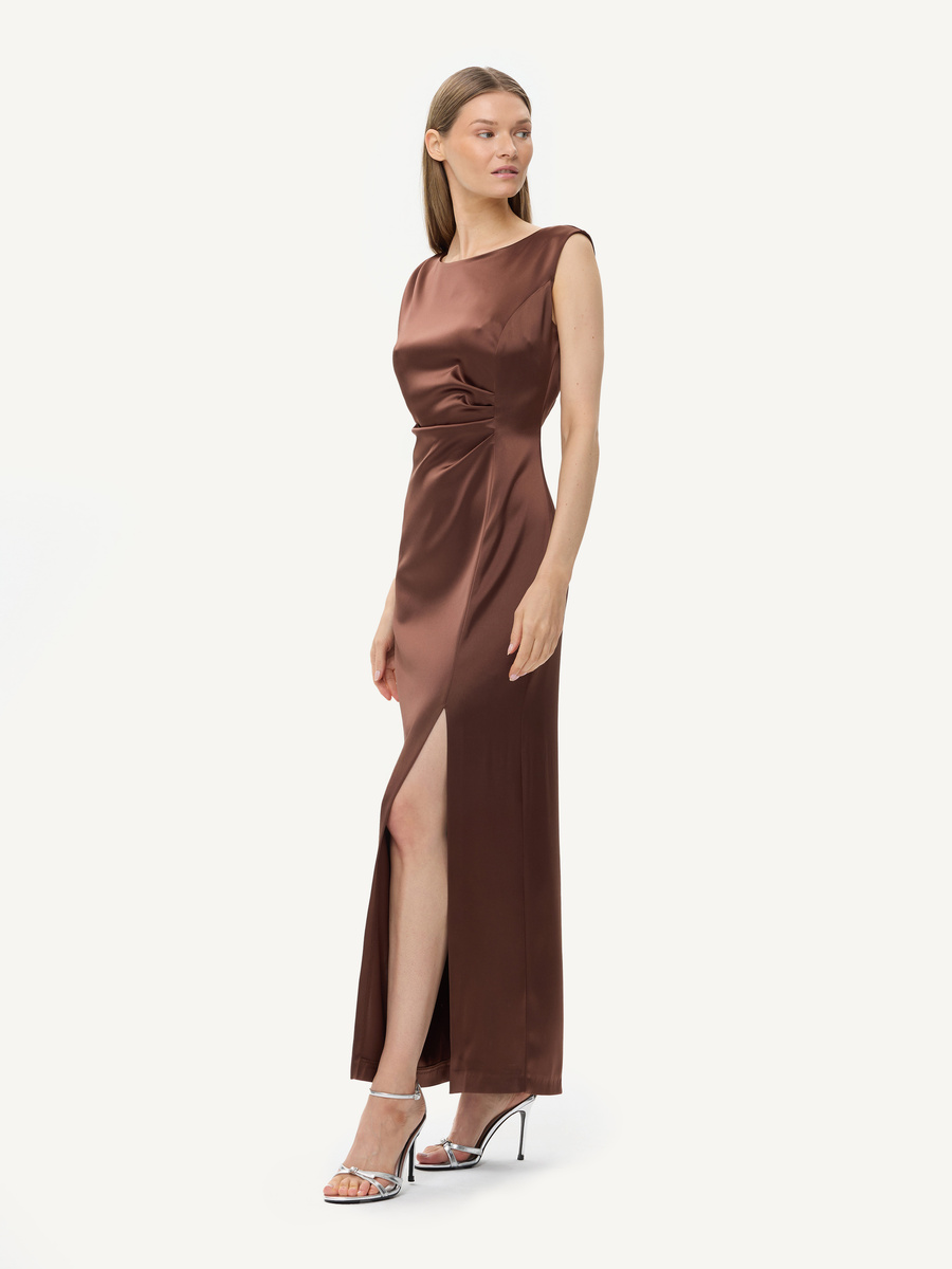 KMX Studio Satin gown with waist draping -  chocolate